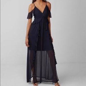 Express Navy cold shoulder ruffle maxi dress Large